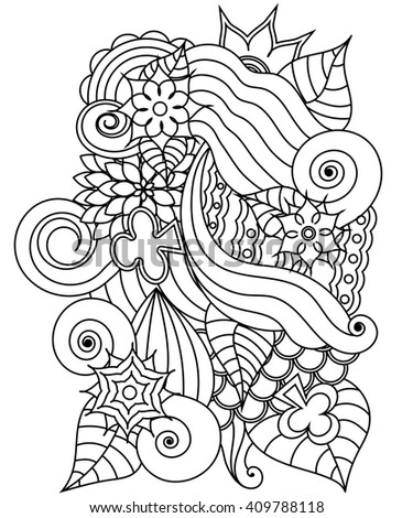 Vector abstract hand-drawn floral texture, wavy background. Colorful flowers and leaves backdrop. Pattern for coloring book. Doodle style. Zentangle style.