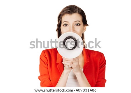 Portrait of beautiful happy business woman holding megaphone with red suit. emotion and business concept studio shoot. image isolated at white background.