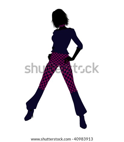 A girl silhouette dressed in a pink checkered outfit on a white background