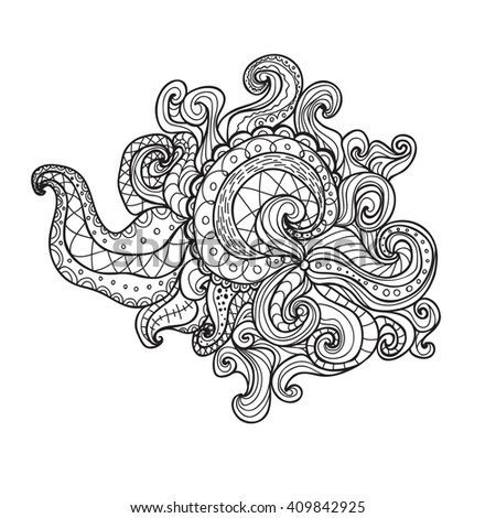 Boho spiral doodle illustration. Coloring book for adult and children.Coloring page. Outline drawing.