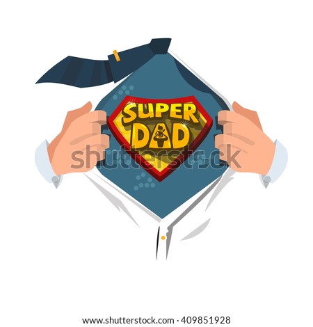 Man open shirt to show "Super Dad typographic " in comic style. super father concept. typographic design - vector illustration