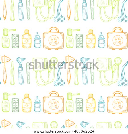 Seamless pattern including equipment , medical tools and drugs. Vector hand drawn medical collection