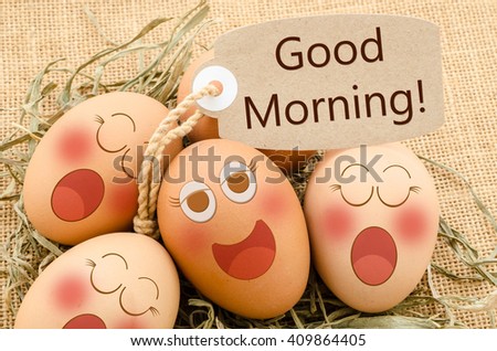 Good morning card and smile face eggs sleep sack background.