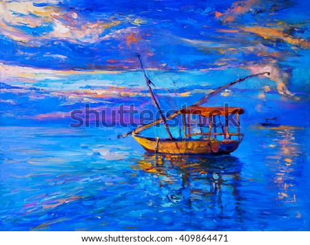 Original oil painting on canvas. Sky sunset and boat on the water. Modern impressionism