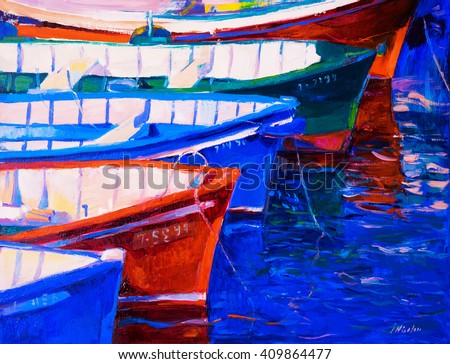 Original oil painting on canvas. Boats and sunset. Modern impressionism