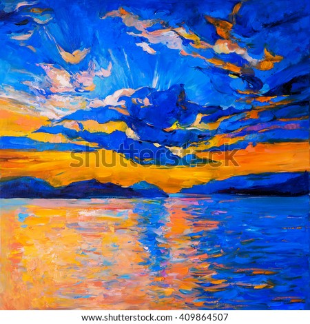 Original oil painting on canvas. Sky sunset and ocean. Modern impressionism