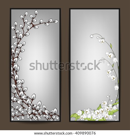 illustration background, invitation or greeting card template with beautiful lily of the valley and pussy-willow spring branches. Happy Easter.