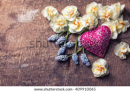 Yellow daffodils, tender muscaries flowers  and decorative heart on vintage wooden background. Selective focus. Place for text.