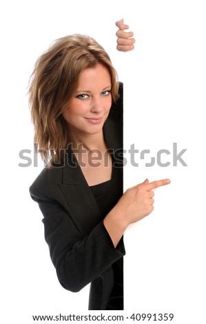 Businesswoman pointing to blank sign isolated over white background