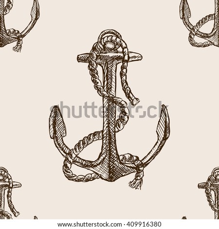 Anchor and rope sketch style seamless pattern raster illustration. Old hand drawn engraving imitation. Anchor and rope. 