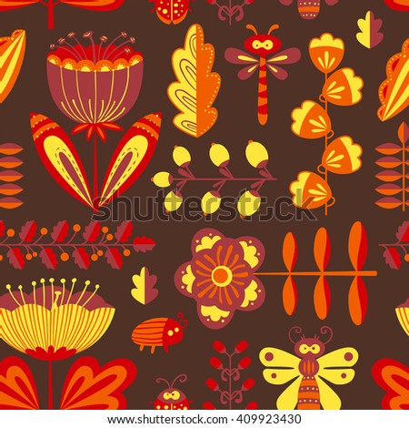 Vector summer decorative floral seamless pattern with bugs and dragonfly in cartoon style