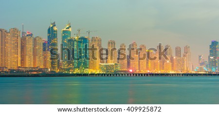 View on luxury Dubai Marina skyscrapers from the Palm man made island in Dubai,United Arab Emirates
