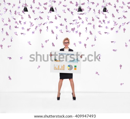 Businesswoman holding poster with drawing business strategy. Falling many euro bills.