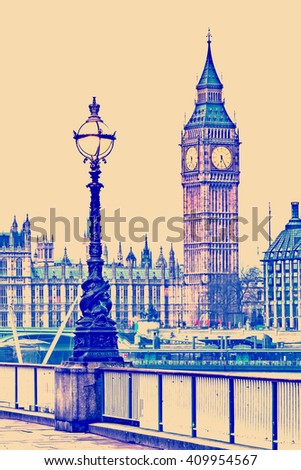 RETRO PHOTO FILTER EFFECT: Street Lamp on South Bank of River Thames with Big Ben, Elisabeth Tower and Palace of Westminster in Background, London, England, UK