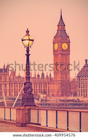 RETRO PHOTO FILTER EFFECT: Street Lamp on South Bank of River Thames with Big Ben, Elisabeth Tower and Palace of Westminster in Background, London, England, UK