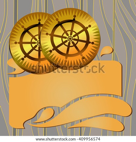 Gold coins with sheep steering wheel on a wooden background with old cut paper for text. Cut paper sea frame for your text.Vector illustration. Sea game concept. For invitation, greeting card.