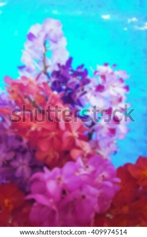 Blurry background. Blurry flowers background. Beautiful flowers on blue background. Blurry orchid. Colorful orchid. Colorful flower on blue background.