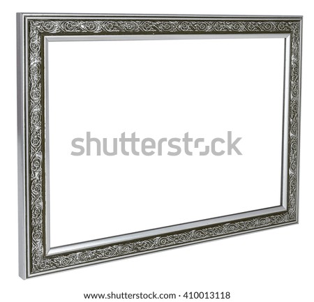  Metal photo frame with scratches standing straight on rope with white isolated background