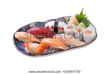 Sushi asian fish food realistic set with plate chopsticks and spices isolated on white background.(clipping path)