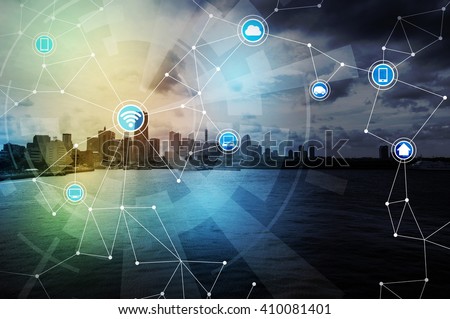 smart city and wireless communication network, IoT(Internet of Things), ICT(Information Communication Technology), digital transformation, abstract image visual Royalty-Free Stock Photo #410081401