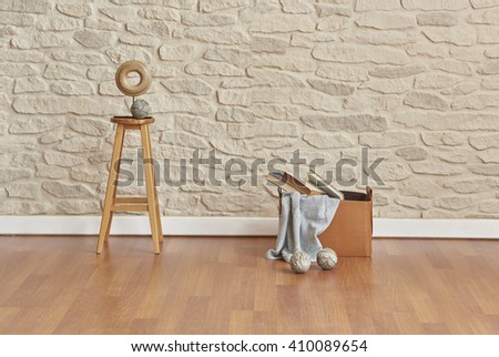  round icon stool interior decoration behind brick wall with parquet floor