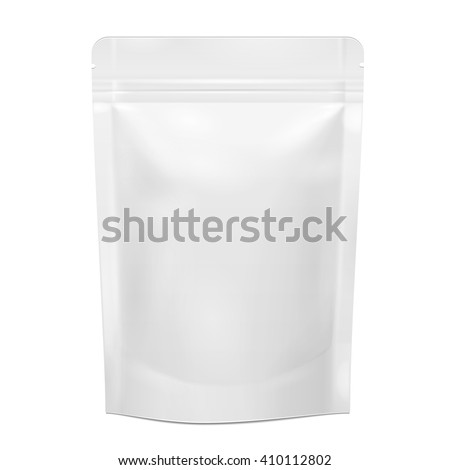 White Blank Foil Food Doy Pack Stand Up Pouch Bag Packaging With Zipper. Illustration Isolated On White Background. Mock Up, Mockup Template Ready For Your Design. Vector EPS10 Royalty-Free Stock Photo #410112802