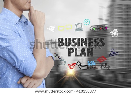 young man stand and thinking with business plan  text ,business concept 