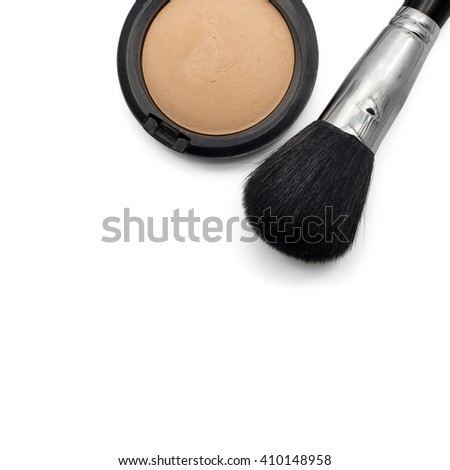 Powder brush and pressed powder isolated on white background with copy space
