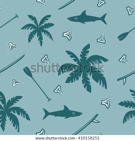 Tropical surfing vector seamless pattern with leaves of palm trees, shark, shark teeth, surf boards and paddles