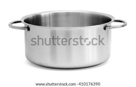 Stainless steel cooking pot isolated on white Royalty-Free Stock Photo #410176390