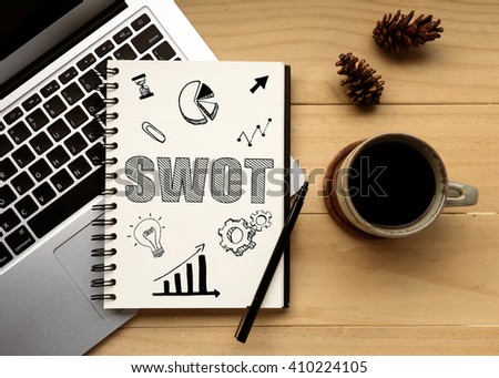 The Word of "SWOT" on notebook with Computer laptop and coffee. Business concept