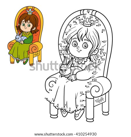 Numbers game for children, dot to dot game, young princess seated on a throne with the bunny in hands