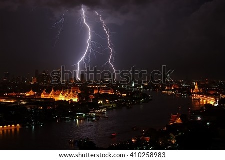bangkok, river, the palace night view with background lightning