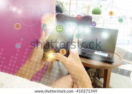 business working and smart phone and laptop with diagram icon application