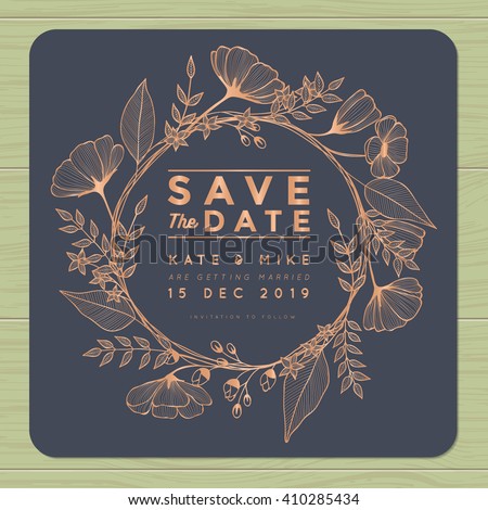 Save the date, wedding invitation card with wreath flower template. Flower floral background. Vector illustration.