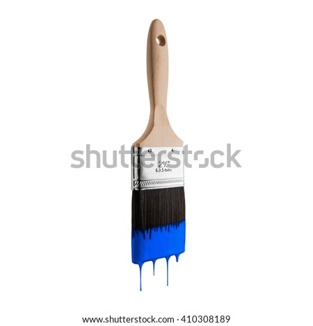 Paintbrush loaded with blue color dripping off the bristles. Isolated on white background.