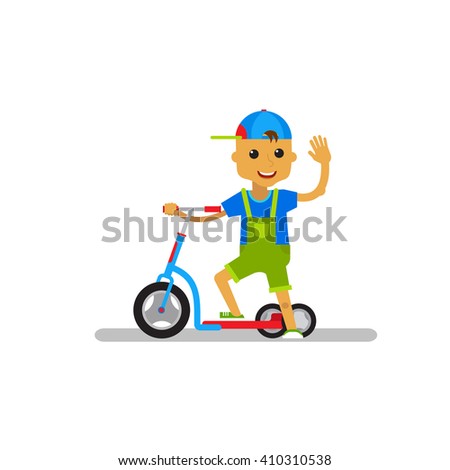 Vector illustration kid scooter on white background. Happy cartoon boy with  scooter on isolated.