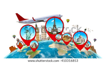 Famous monuments of the world grouped together on a map with pin icon on white background