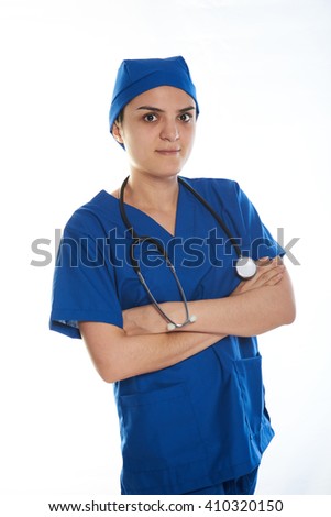 female doctor with white background and crossed arms