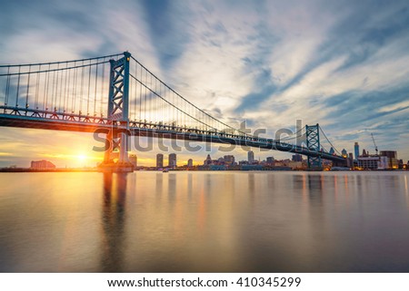 Ben Franklin Bridge in Philadelphia at sunset.