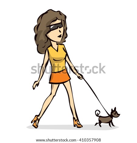Young woman walking with dog. Hand drawn cartoon vector illustration.