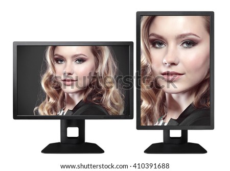 monitor with the image of a girl, black monitor in horizontal and portrait position isolated on white