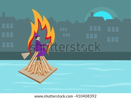 Midsummer Witch Burning Celebration in Denmark. Editable Clip Art.
