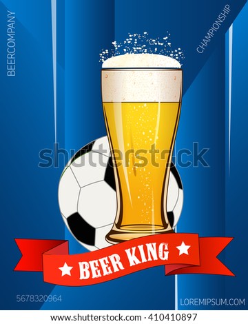 Beer King ribbon text. Poster beer glass mug foam bubble over geometrical background vector illustration, isolated. Pub bar beer banner. Good as a template of advertisement. 