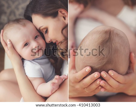 Close-up of baby's hands and feet collage. Mother holding baby. Baby's feet. collage newborn. baby in mom's hands. Mother and baby. Collage. Four pictures. Series. Mother kissing baby