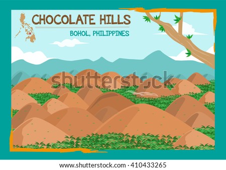 Chocolate Hills formation located in Bohol, Philippines which is shown as a dot in the map. Editable Clip Art