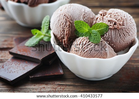 Sweet chocolate ice cream with mint, selective focus