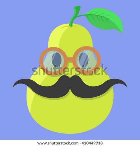 Vector pear cartoon with glasses and mustache isolated icon.