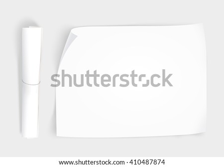 Blank whatman paper mockup with roll, top view isolated. Creative background plain paper sheet mock up. Design portfolio presentation template show. Draft brochure layout. Project paper from above