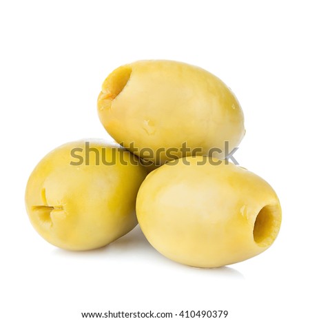 Three green olives isolated on white background.